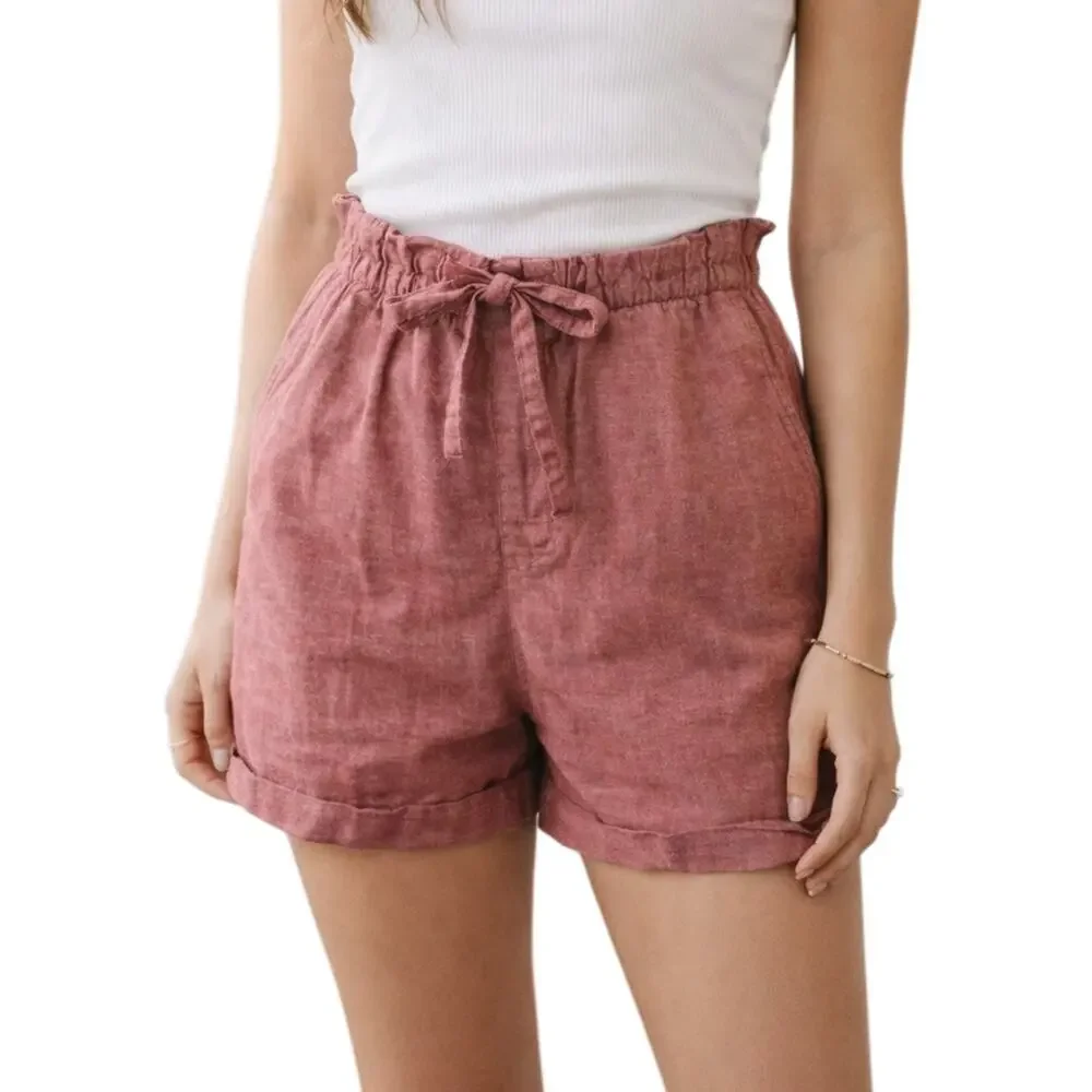 Linen Cotton Shorts Women's Medium Red Chambray Euro Summer Coastal Resort Vacay - Picture 1 of 9